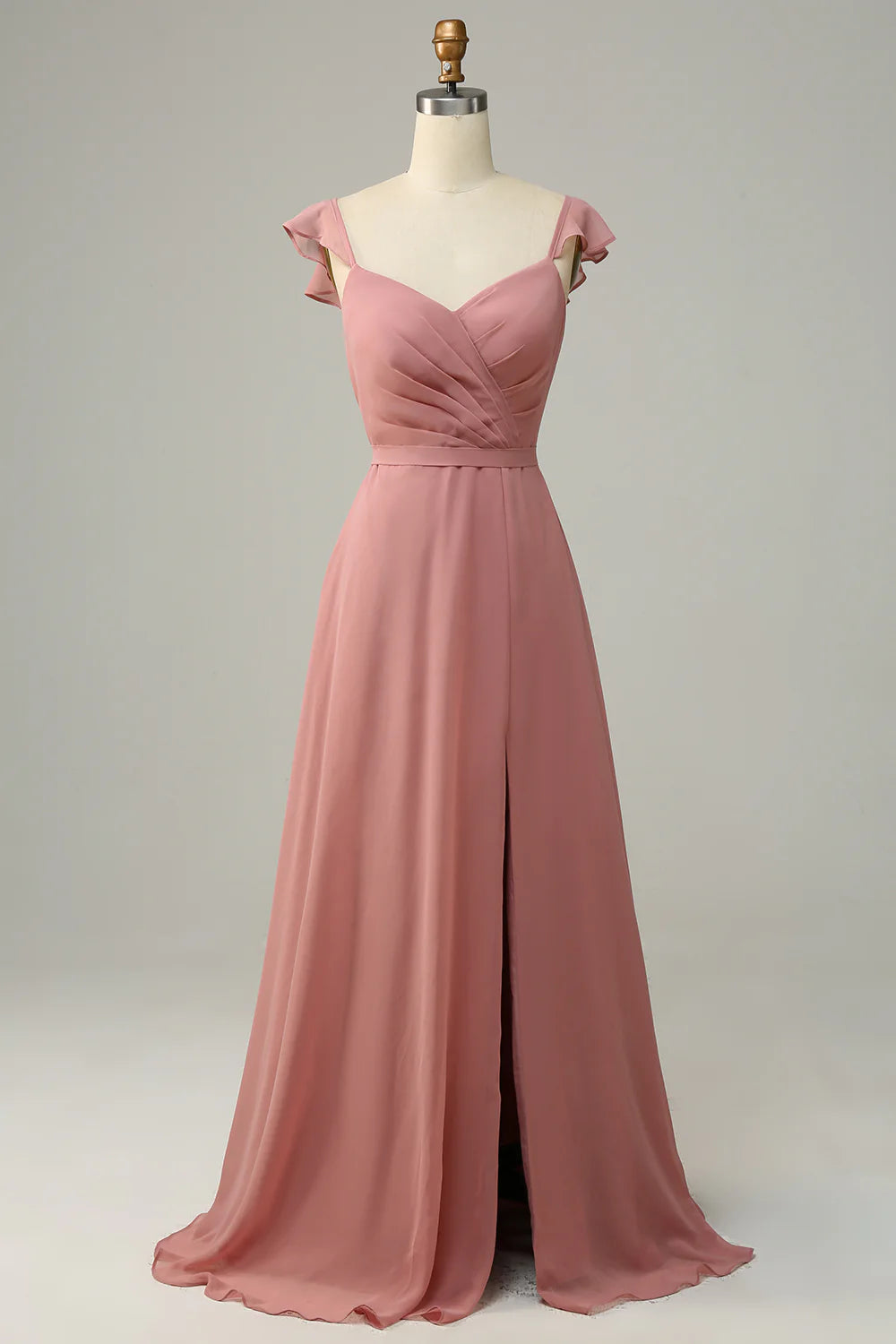 Wholesale Dusty Rose A Line Ruffles Long Bridesmaid Dress With Slit