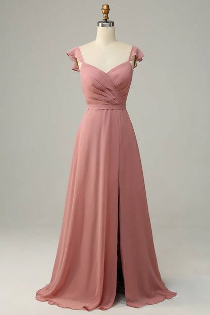 Wholesale Dusty Rose A Line Ruffles Long Bridesmaid Dress With Slit