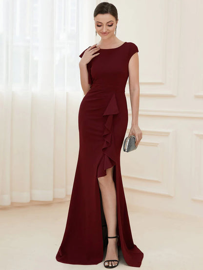 Wholesa Elegant Cap Sleeve Side Slit Evening Gown with Ruffles