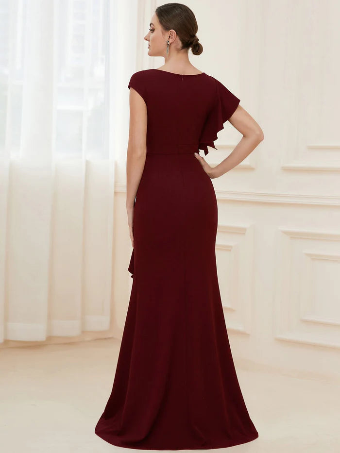 Wholesa Elegant Cap Sleeve Side Slit Evening Gown with Ruffles