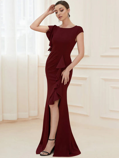 Wholesa Elegant Cap Sleeve Side Slit Evening Gown with Ruffles