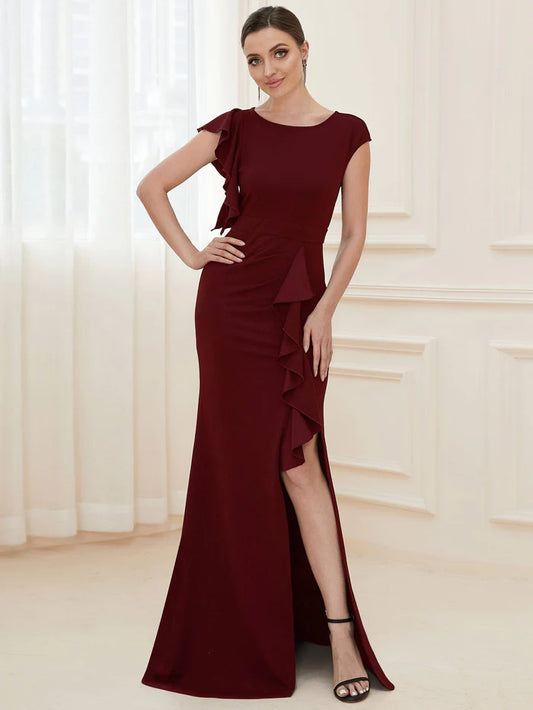 Wholesa Elegant Cap Sleeve Side Slit Evening Gown with Ruffles