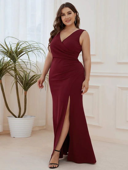 Wholesa High Front Slit Wrap Waist High Front Slit Knit Evening Dress