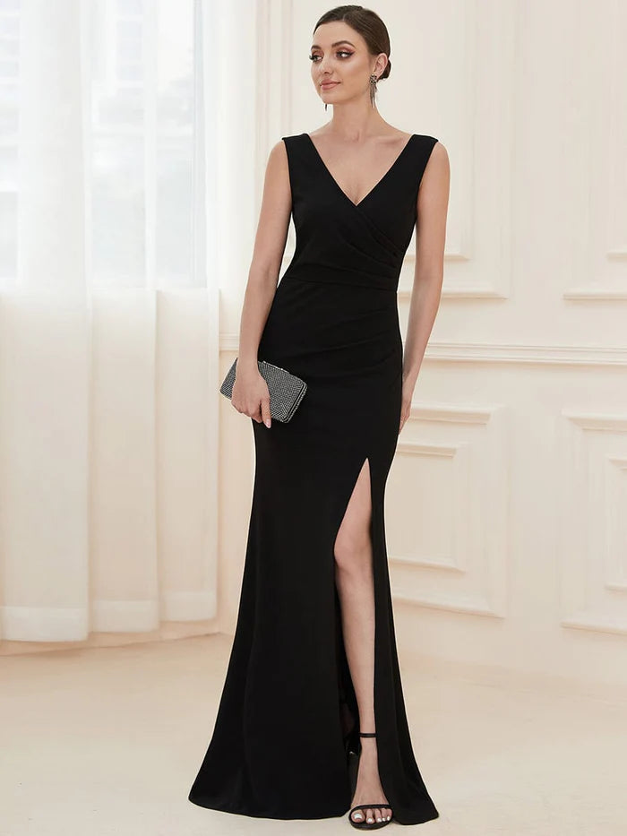 Wholesa High Front Slit Wrap Waist High Front Slit Knit Evening Dress