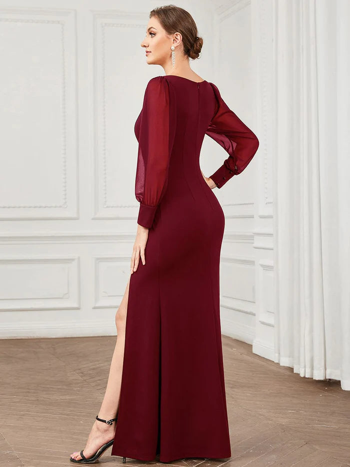 Wholesa Long Sleeve Square Neck High Stretch Evening Gown with Slit