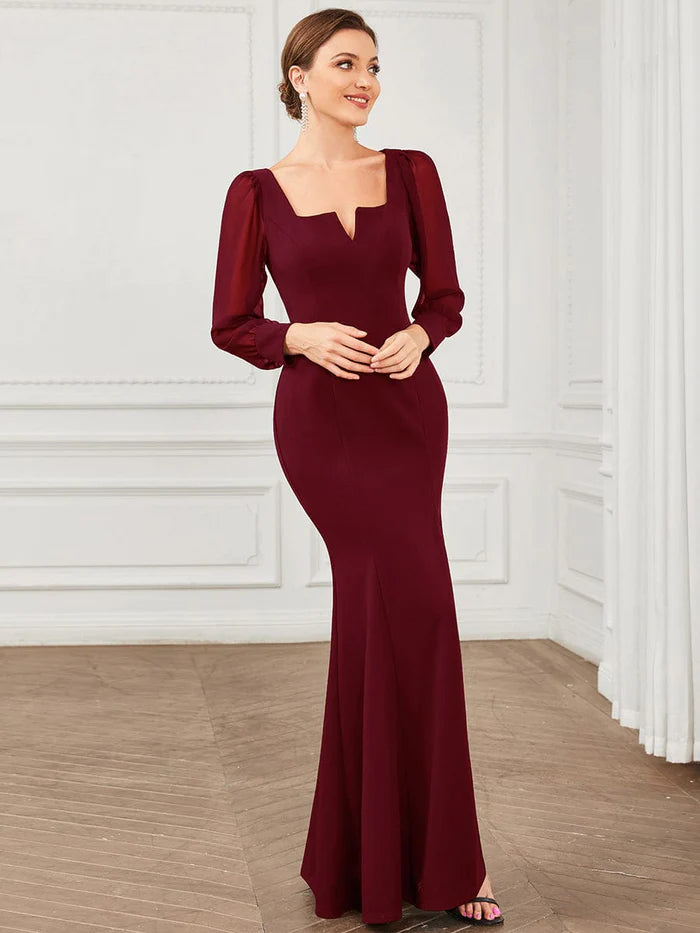 Wholesa Long Sleeve Square Neck High Stretch Evening Gown with Slit