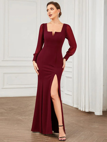 Wholesa Long Sleeve Square Neck High Stretch Evening Gown with Slit