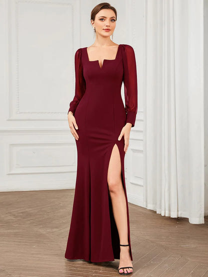 Wholesa Long Sleeve Square Neck High Stretch Evening Gown with Slit