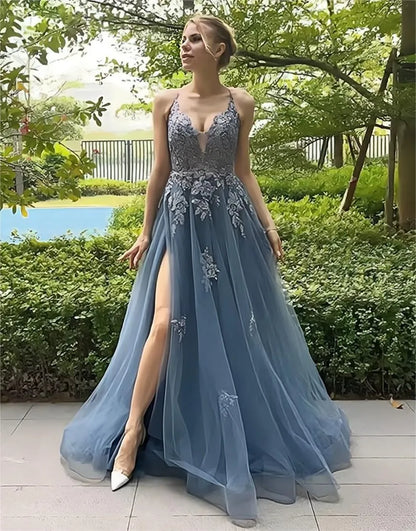 Wholesale Prom Dress A-Line Tulle Spaghetti Straps Appliques with Slit