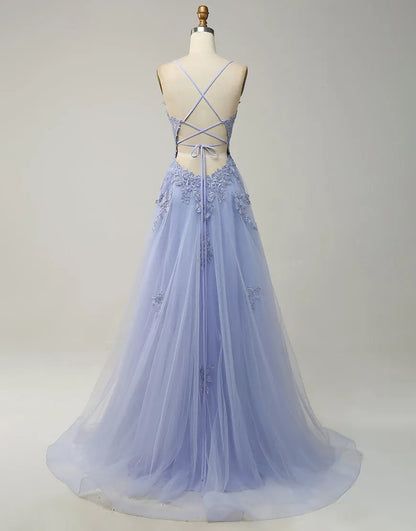 Wholesale Prom Dress A-Line Tulle Spaghetti Straps Appliques with Slit