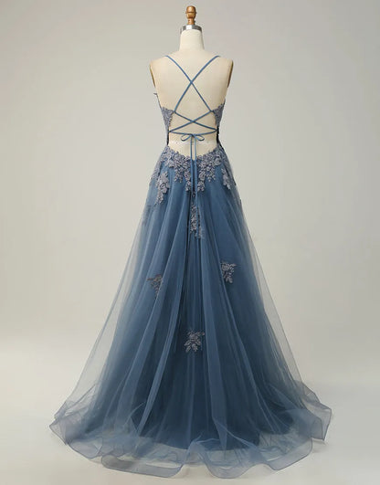 Wholesale A Line Prom Dress With Appliques And Split Spaghetti Straps Corset Back