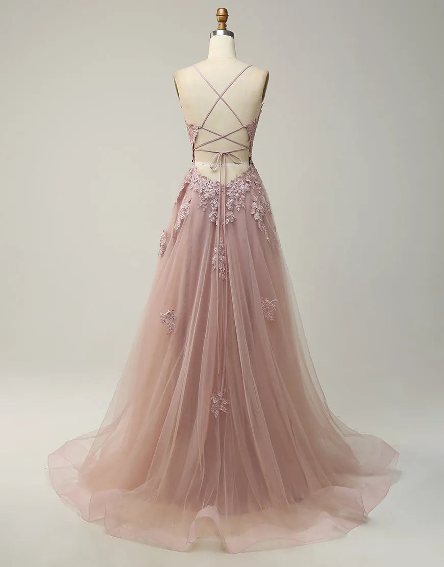 Wholesale Prom Dress A-Line Tulle Spaghetti Straps Appliques with Slit