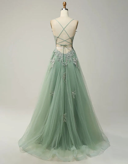 Wholesale Prom Dress A-Line Tulle Spaghetti Straps Appliques with Slit