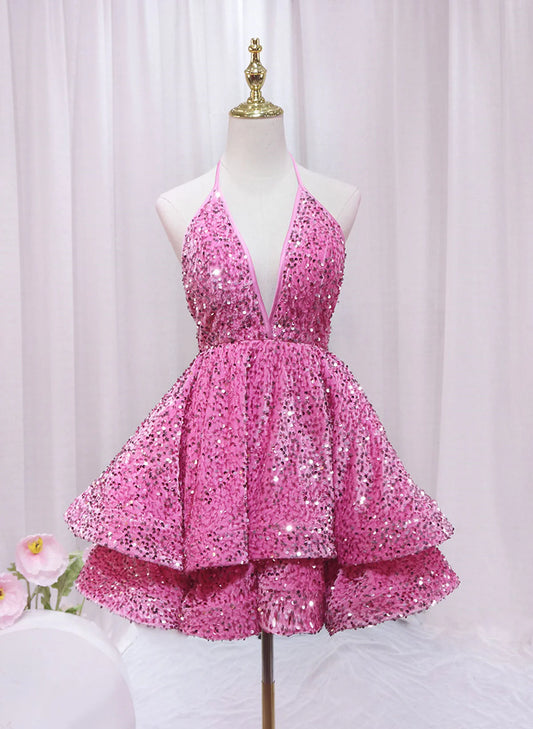 Aimishang A Line V-neck Halter Backless Sequins Homecoming Dress Short Prom Dress Lovely Birthday Party Dress