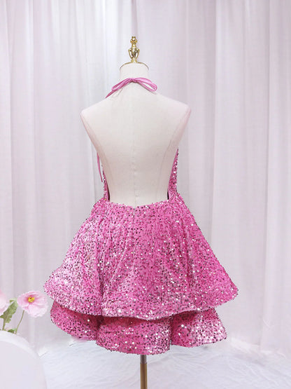 Aimishang A Line V-neck Halter Backless Sequins Homecoming Dress Short Prom Dress Lovely Birthday Party Dress