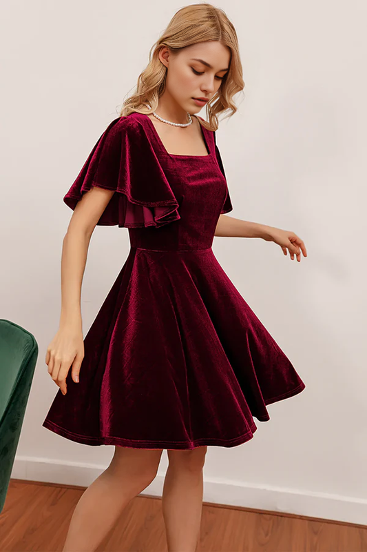 Aimishang Chic A Line Short Sleeves Velvet Homecoming Dress Simple Prom Dress Elegant Birthday Party Dress