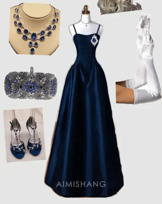 Aimishang A Line Spaghetti Straps Satin Long Formal Prom Dress Elegant Party Evening Gown Vintage Graduation Dress No With Accessories