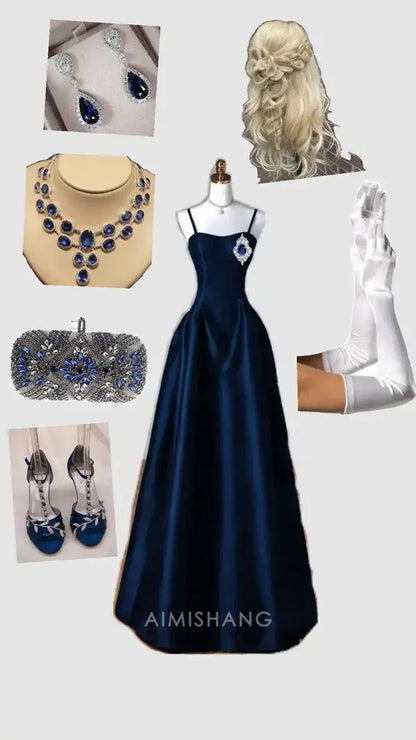 Aimishang A Line Spaghetti Straps Satin Long Formal Prom Dress Elegant Party Evening Gown Vintage Graduation Dress No With Accessories