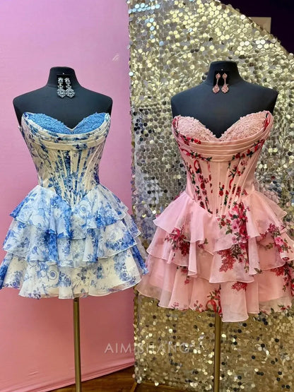 Aimishang A Line Sweetheart Strapless Floral Chiffon Ruffled Homecoming Dress Charming Birthday Party Dress Short Prom Dress