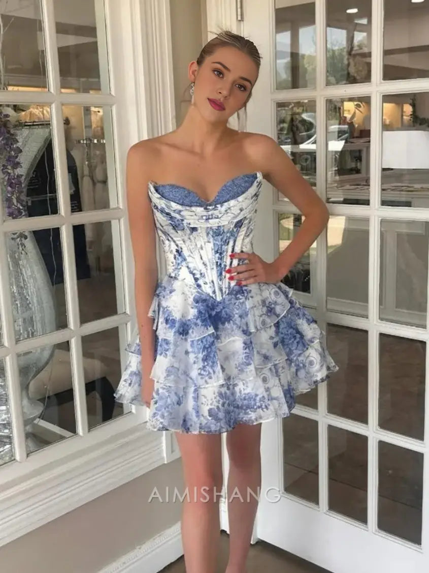Aimishang A Line Sweetheart Strapless Floral Chiffon Ruffled Homecoming Dress Charming Birthday Party Dress Short Prom Dress