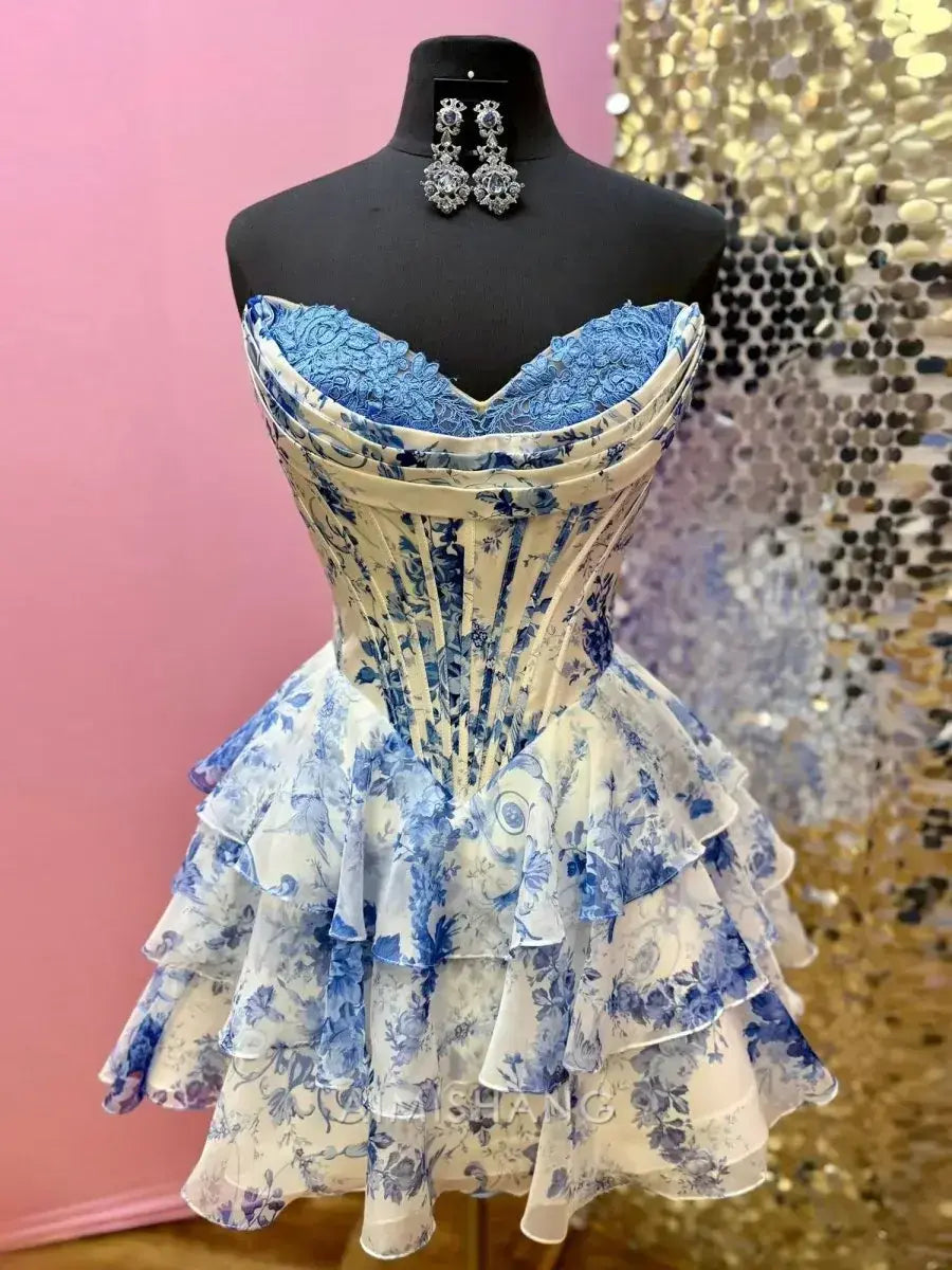 Aimishang A Line Sweetheart Strapless Floral Chiffon Ruffled Homecoming Dress Charming Birthday Party Dress Short Prom Dress