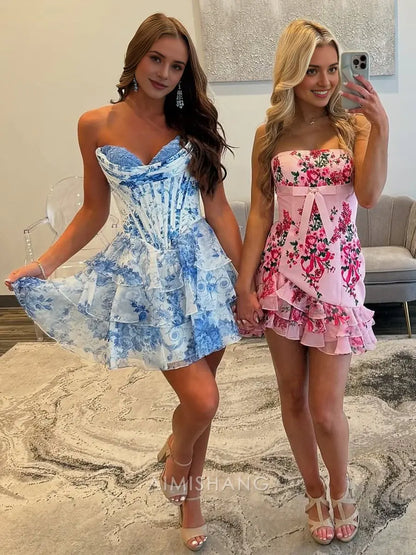 Aimishang A Line Sweetheart Strapless Floral Chiffon Ruffled Homecoming Dress Charming Birthday Party Dress Short Prom Dress