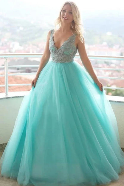 Wholesale Fashion A-line V neck Tulle Lace Long Prom Dress Evening Dress