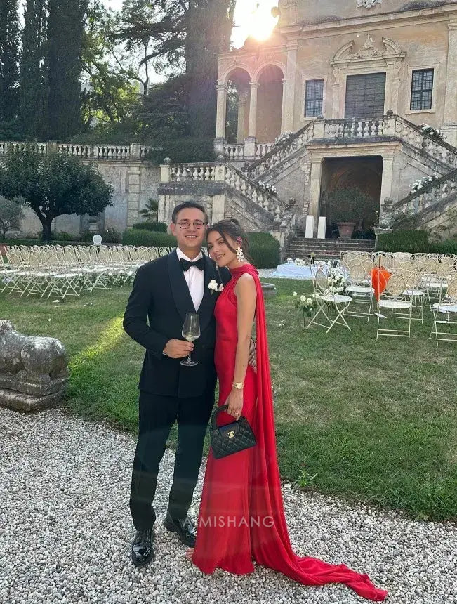 Aimishang Elegant Halter Sleeveless Satin Long Formal Prom Dress Simple Party Evening Gowns Women's Fashion Wedding Guest Dress