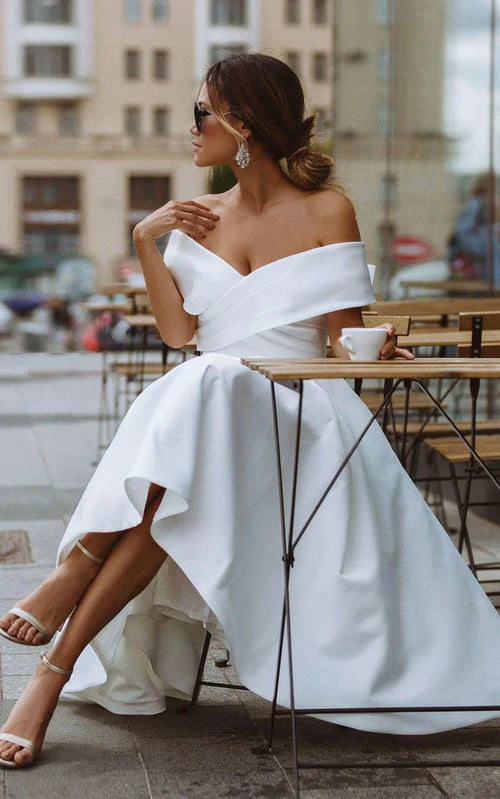 Aimishang Elegant A-Line Satin Tea Length Off the Shoulder Wedding Dress Simple Party Dress