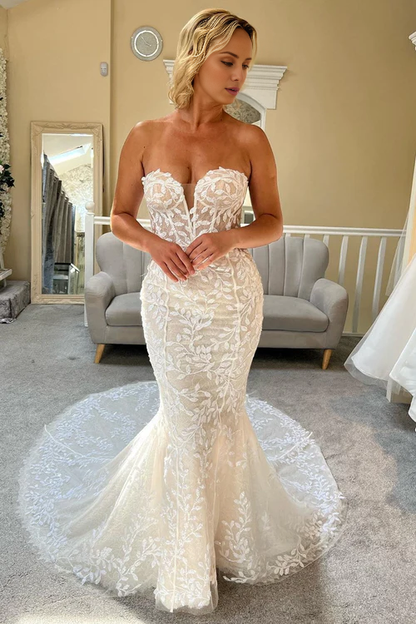 Aimishang Elegant Lace Strapless Mermaid Long Wedding Dress Charming Bridal Gown
