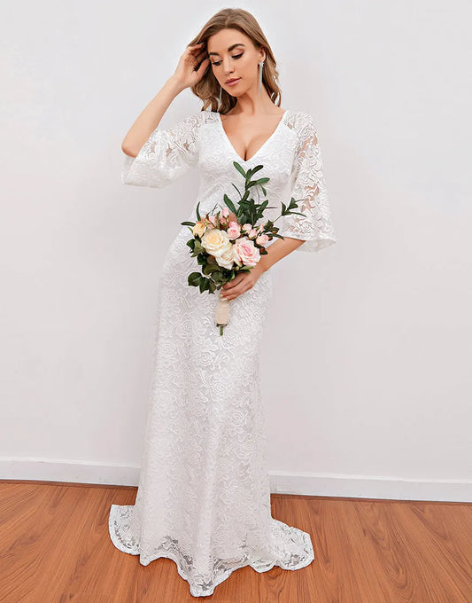 Aimishang Elegant V Neck Long Wedding Dresses with Sleeves Romantic Bridal Gown Sweet Bridesmaid Dress