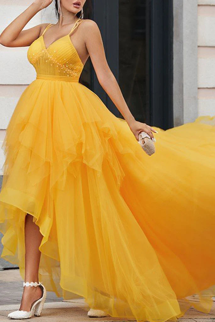 Wholesale Prom Dresses Asymmetrical A Line Tulle V Neck With Beads And Ruffles