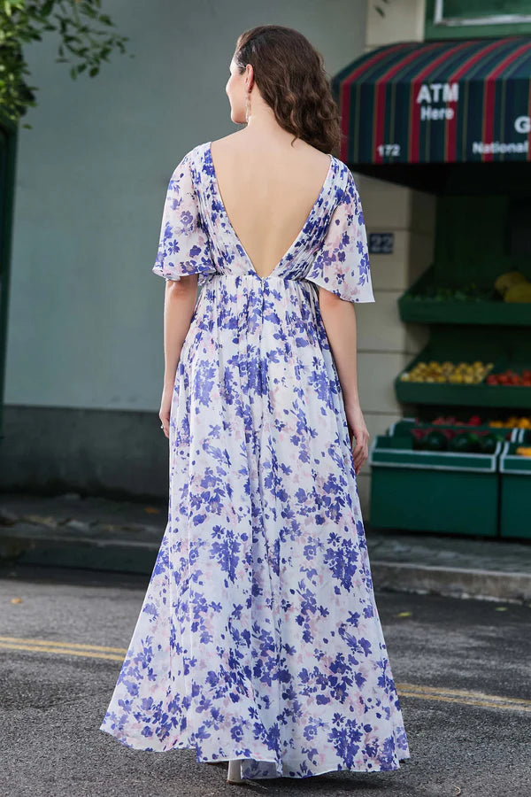 Wholesale Elegant Bridesmaid Dresses V-neck Flutter Sleeves Floral Chiffon Dress Wedding Guest Dresses