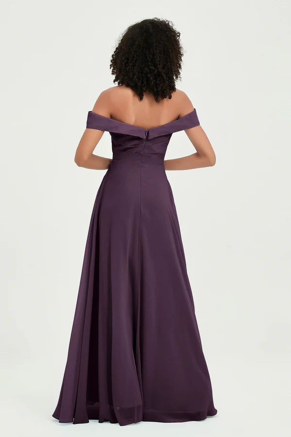 Wholesale Elegant Plum Off the Shoulder Wedding Guest Dresses Long Bridesmaid Dress