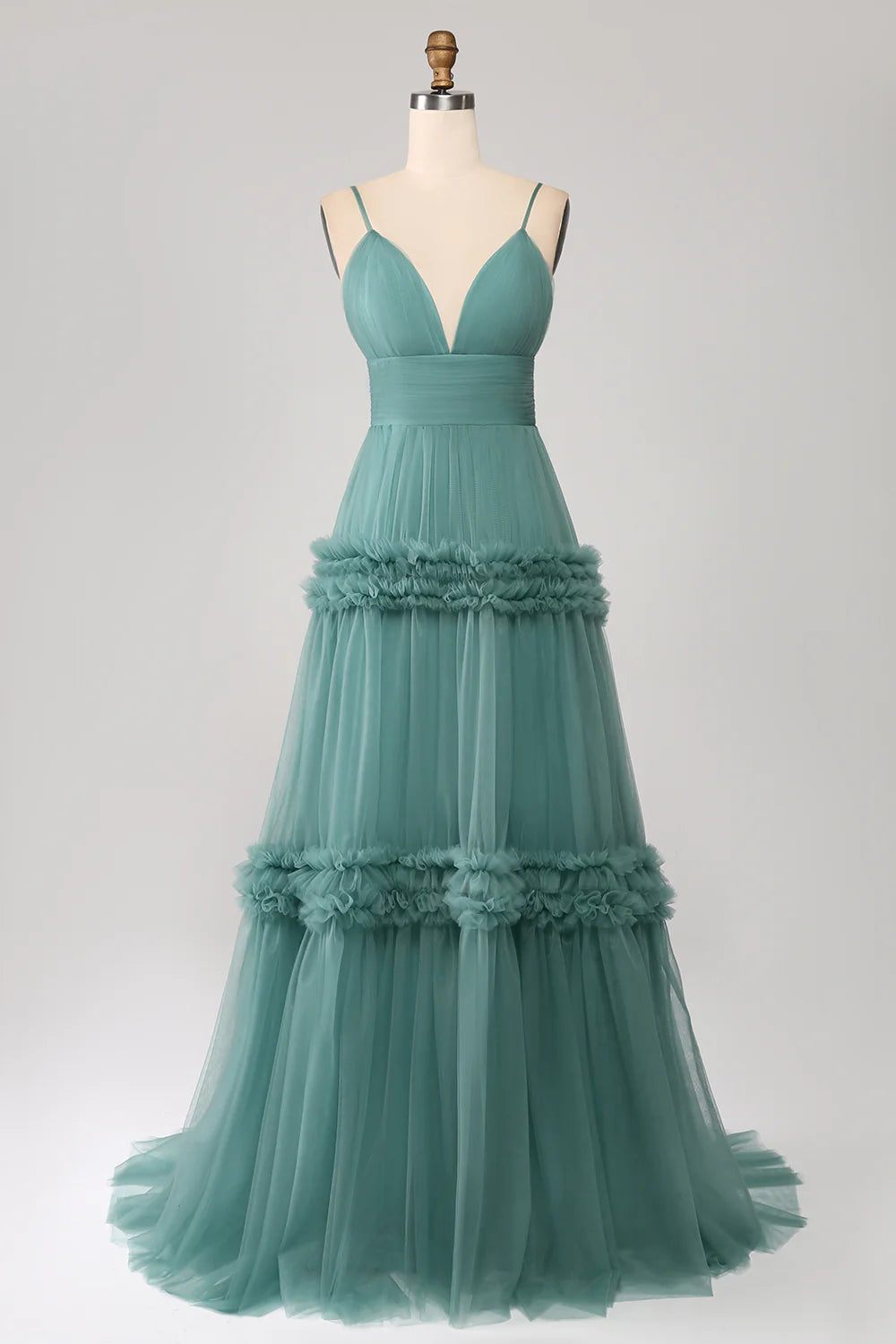 Wholesale Green A Line Spaghetti Straps Tulle Long Prom Dress with Ruffles