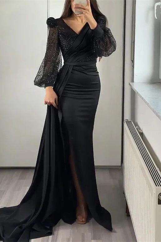 Wholesale Sequins V Neck Long Sleeves Mermaid Split Evening Dress With Ruffle Elegant Party Dress