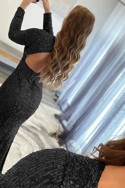 Wholesale Evening Dress Mermaid Glitter Navy Sequins Mesh Backless Prom Dress