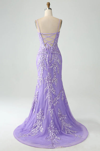 Wholesale Lilac Mermaid Long Prom Dress Spaghetti Straps Corset Back with Embroidery