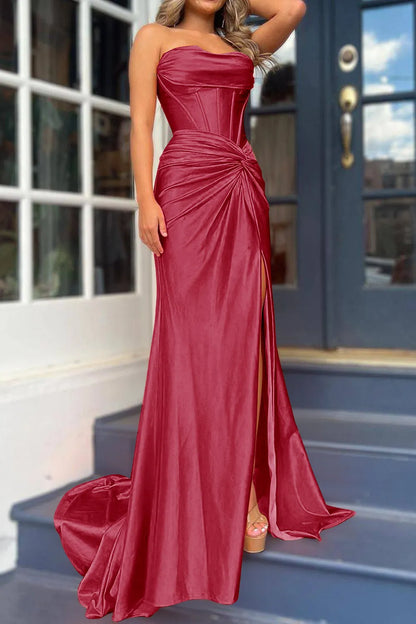 Wholesale Prom Dress Mermaid Satin Strapless Lace Up With Slit