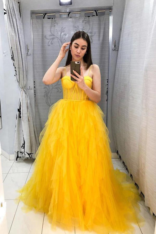 Wholesale Custom Made Yellow Straps Sleeveless Backless Sweetheart Prom Dresses