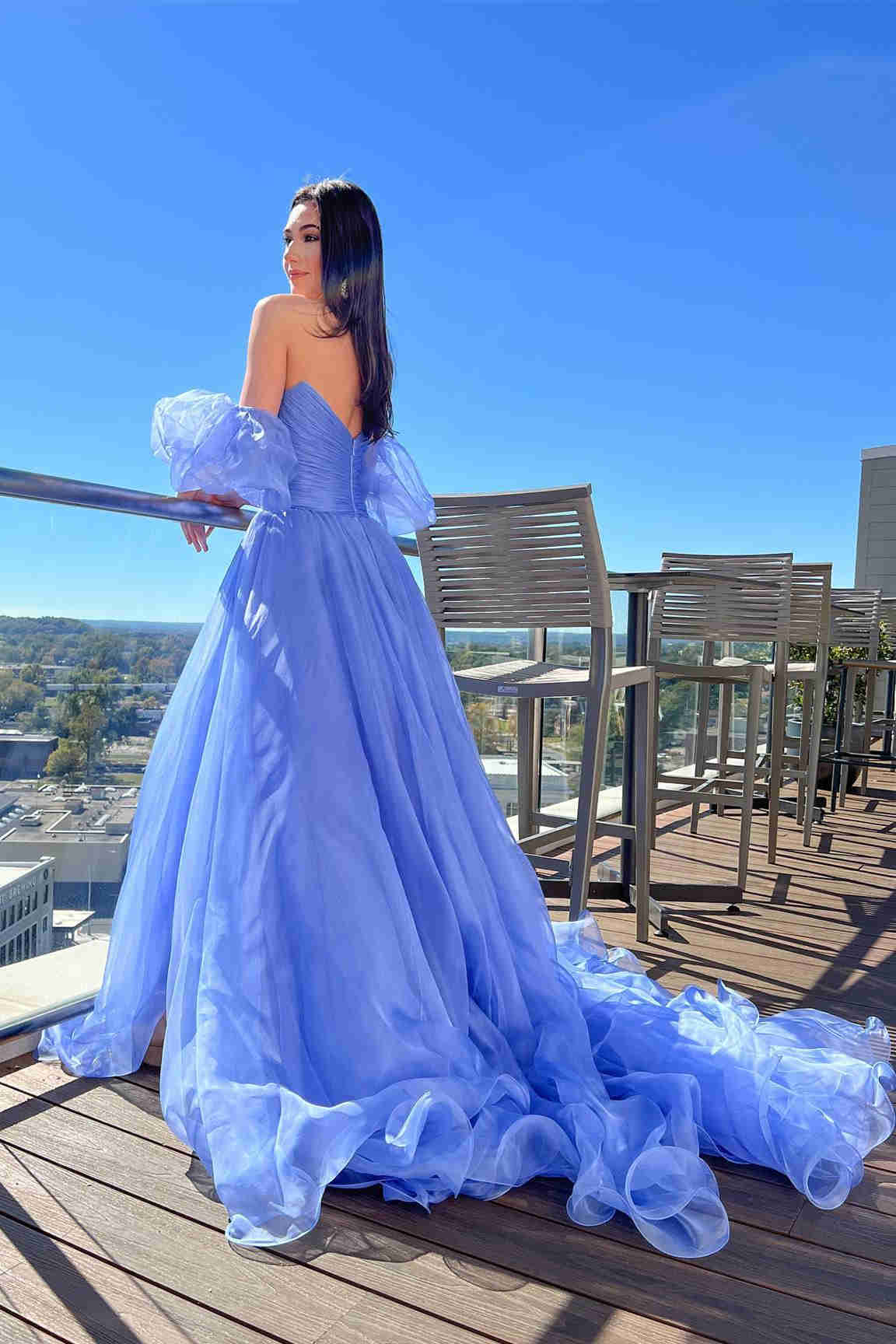 Wholesale Ball Gown Princess Lavender Puff Sleeves Pleated Tulle Long Prom Dress With Slit