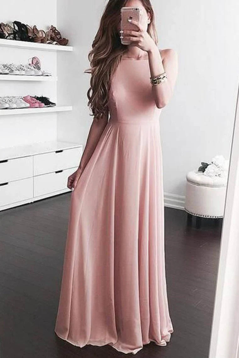 Wholesale A Line Prom Dresses Bateau Chiffon Floor Length Zipper Up