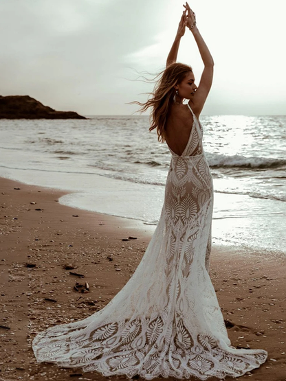 Aimishang Beach Floral Mermaid Plunging Boho Lace Wedding Dress with Sweep Train