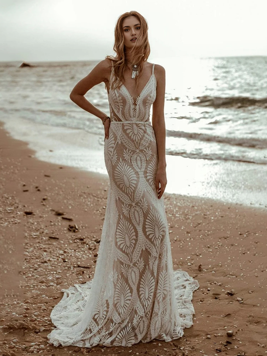 Aimishang Beach Floral Mermaid Plunging Boho Lace Wedding Dress with Sweep Train