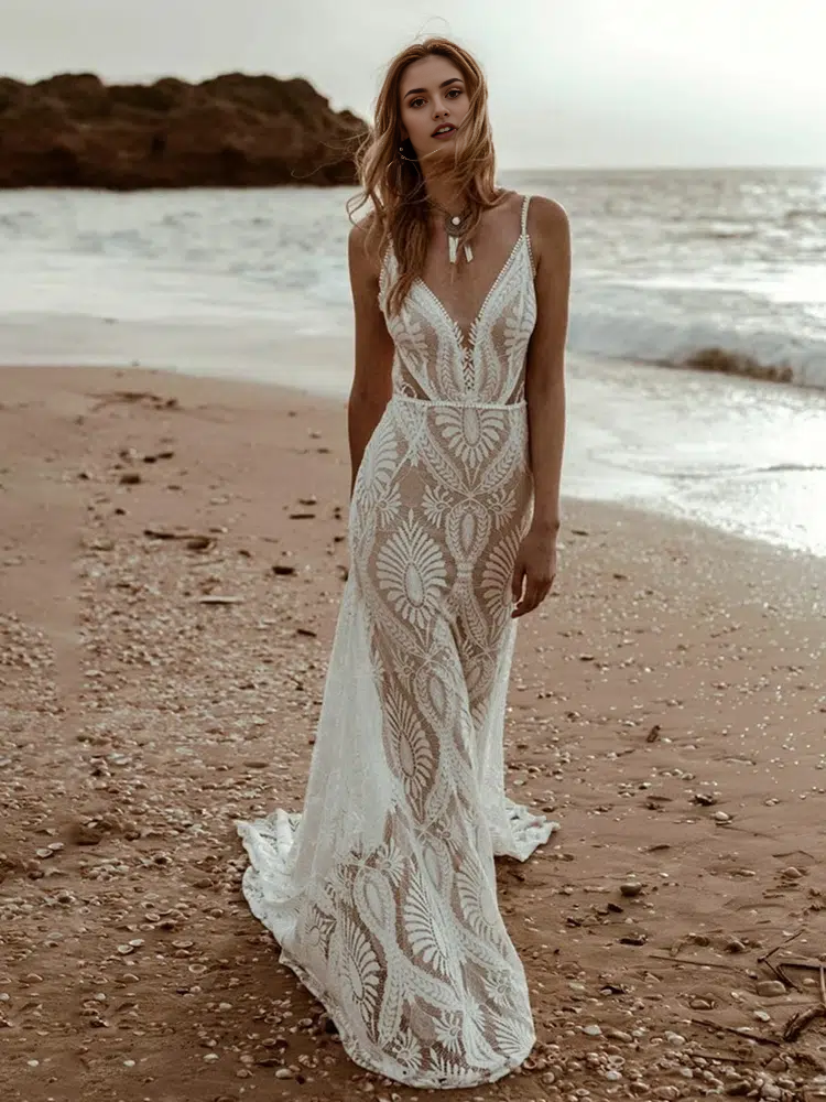 Aimishang Beach Floral Mermaid Plunging Boho Lace Wedding Dress with Sweep Train