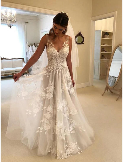 Aimishang Beach Boho Wedding Dresses A-Line V Neck Sleeveless Sweep / Brush Train Lace Bridal Gowns With Appliques Summer Fall Wedding Party