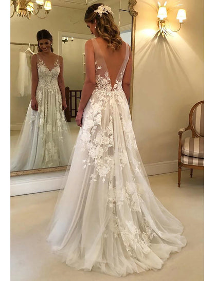 Aimishang Beach Boho Wedding Dresses A-Line V Neck Sleeveless Sweep / Brush Train Lace Bridal Gowns With Appliques Summer Fall Wedding Party