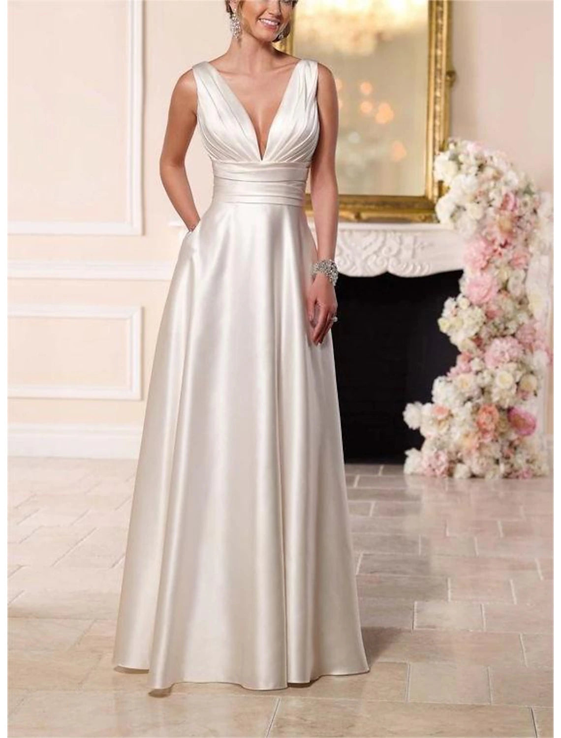 Aimishang Beach Casual Formal Wedding Dresses A-Line V Neck Sleeveless Bridal Gowns With Pleats Ruched Elegant Prom Dress