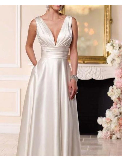 Aimishang Beach Casual Formal Wedding Dresses A-Line V Neck Sleeveless Bridal Gowns With Pleats Ruched Elegant Prom Dress
