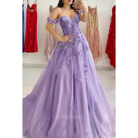 Aimishang Beautiful A Line Off the Shoulder Long Formal Prom Dress with Appliques Elegant Evening Party Gown Charming Birthday Party Dress
